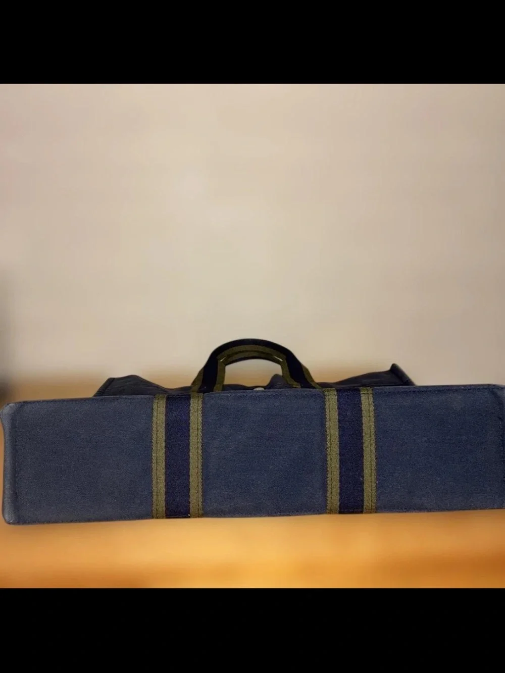 Hermes Navy Canvas Tote with Olive-Trim Handles